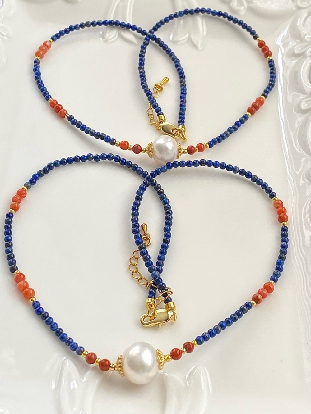 GP59-Lapis Lazuli, Red Agate And Edison Pearl Necklace - Picture 7 of 15